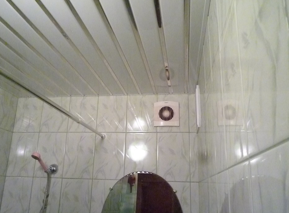 Практично выглядит потолок в ванной из ПВХ-панелей