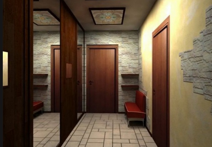 на фото правильный дизайн узкого коридора при отделке стен камнем